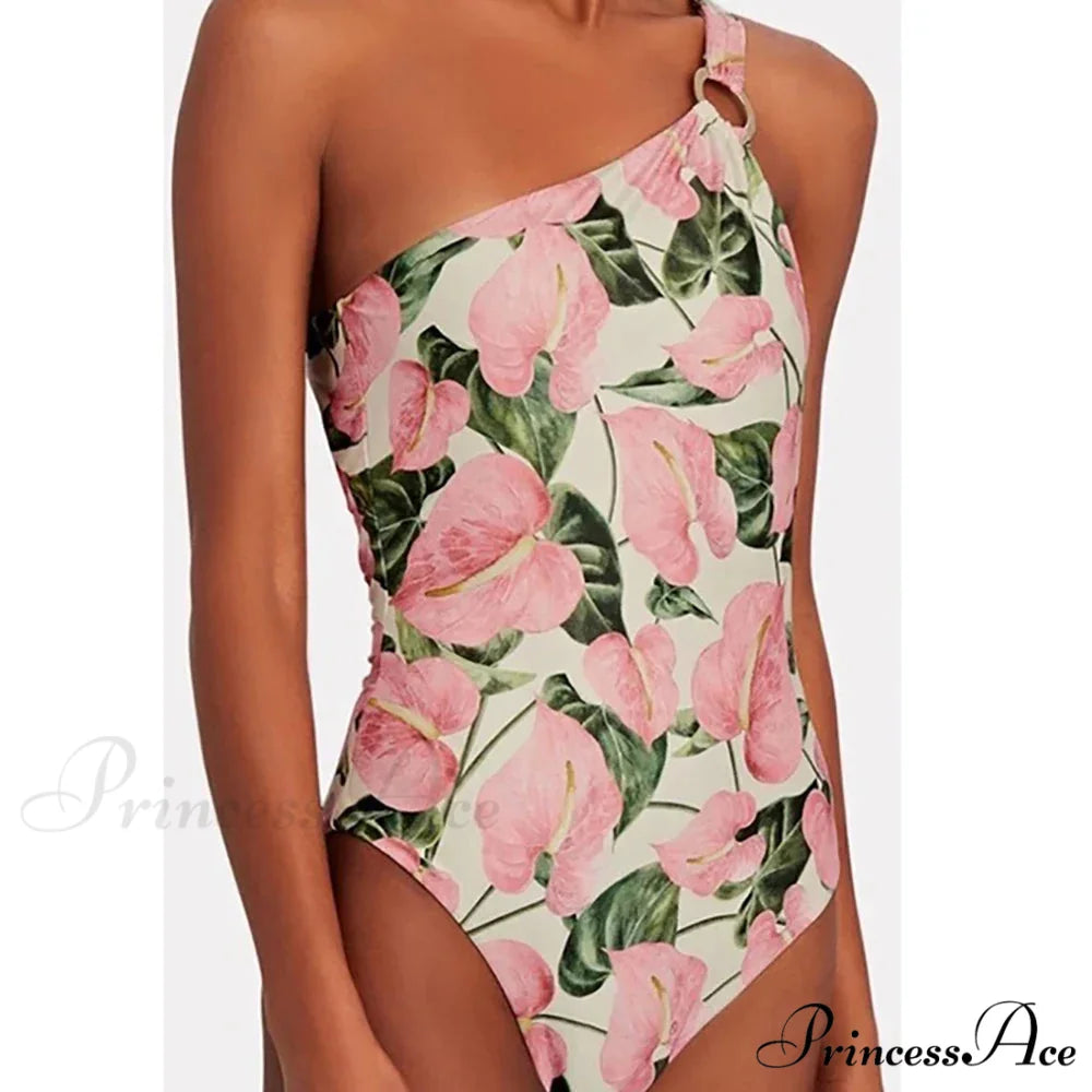 Rose Printed Single Shoulder Fasten One Piece Swimsuit onepiece-250223