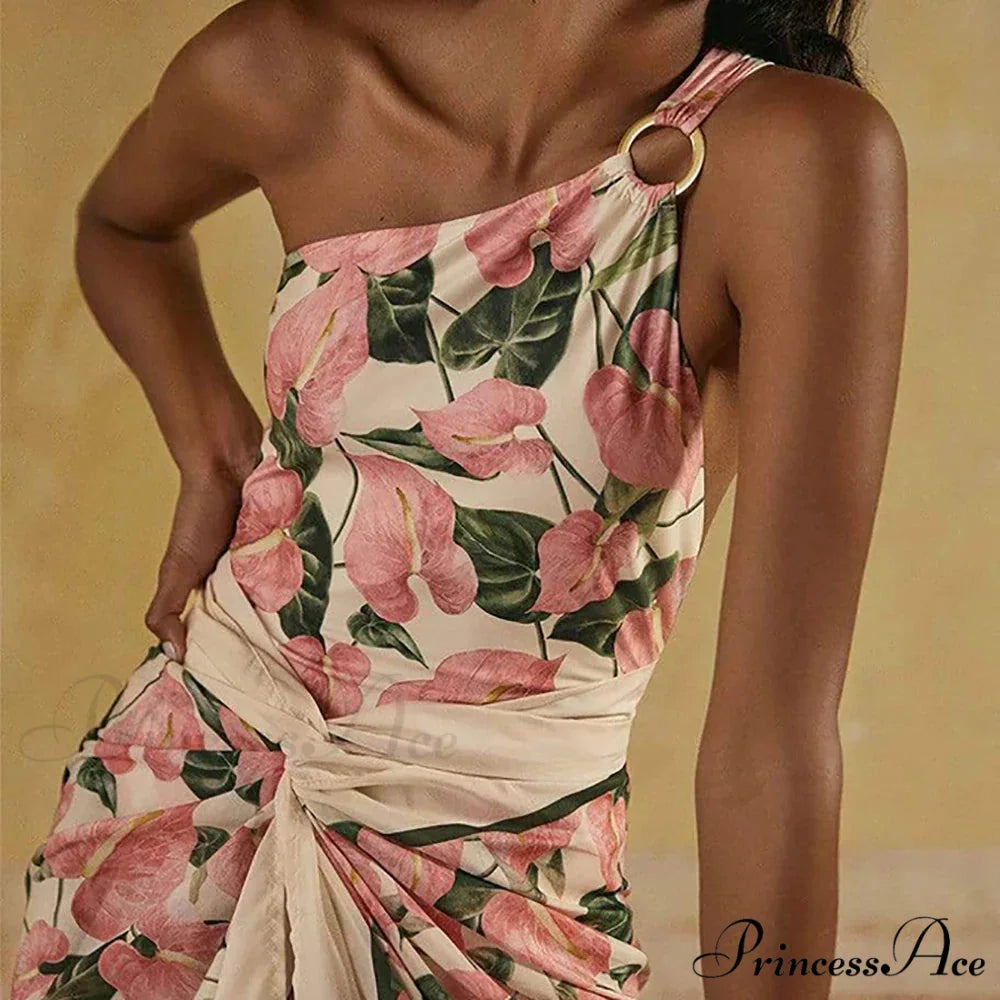 Rose Printed Single Shoulder Fasten One Piece Swimsuit Pink / S onepiece-250223