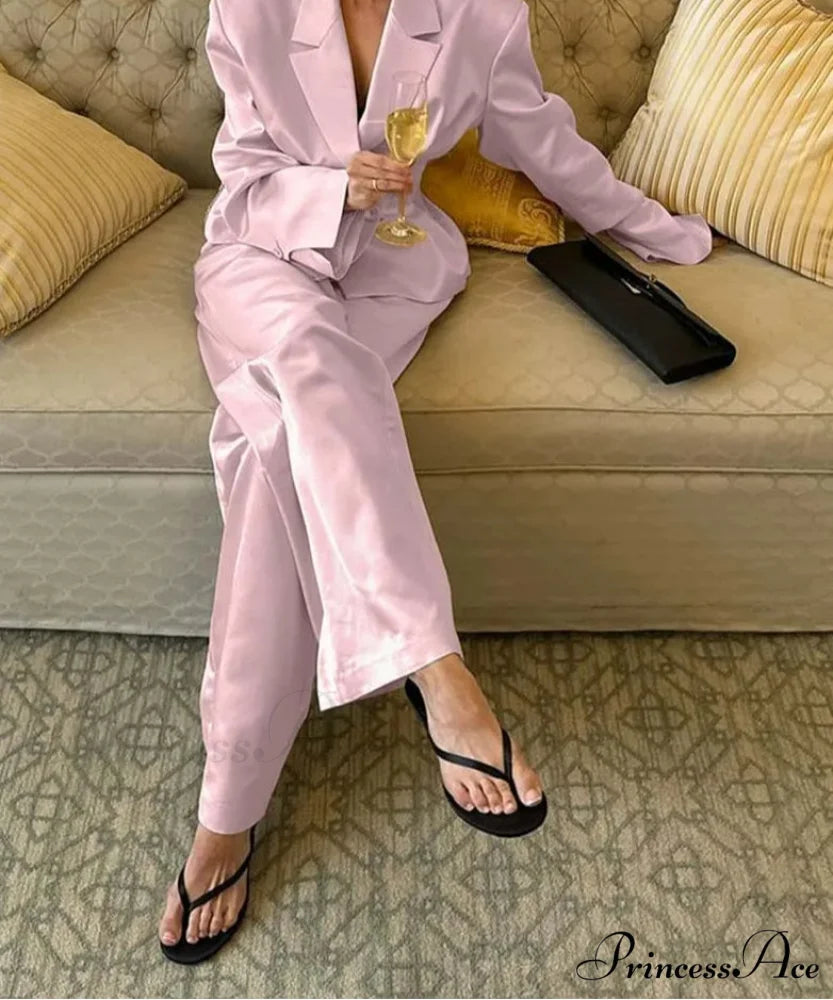 Rose Silk Notched Straight Pants Work Two Piece Set officetwopieceset-250223