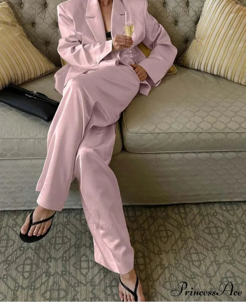 Rose Silk Notched Straight Pants Work Two Piece Set Pink / S officetwopieceset-250223