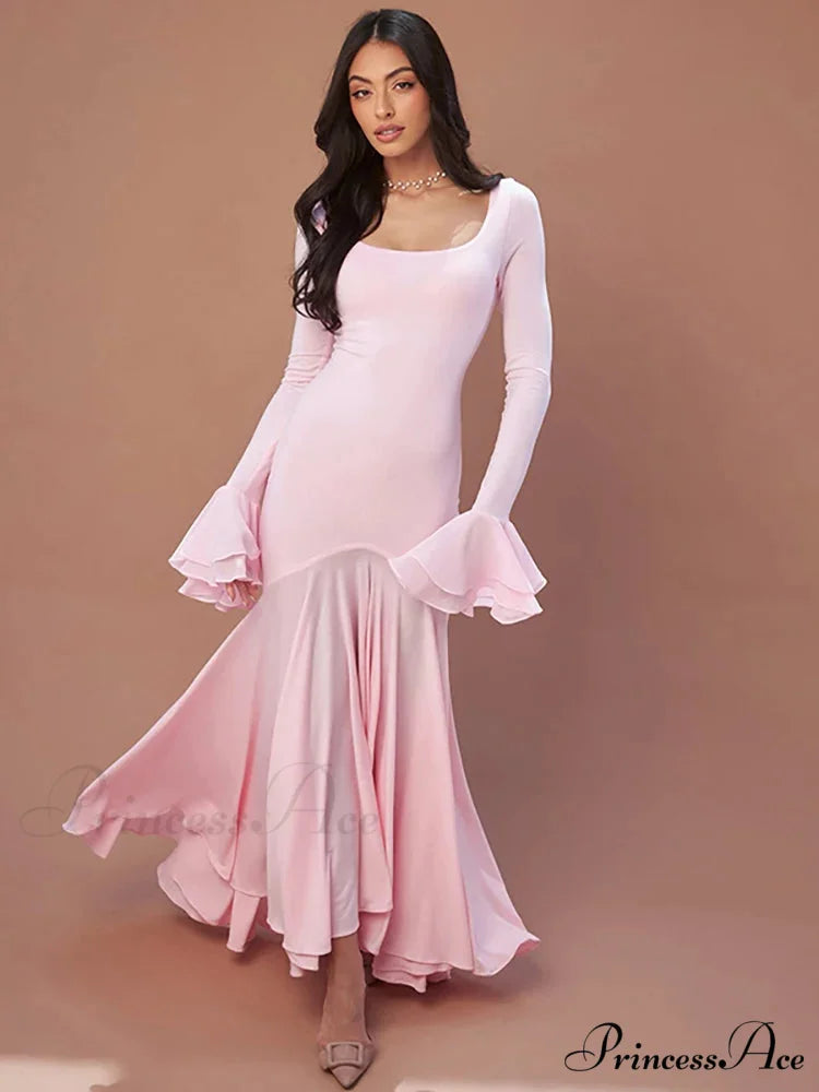 Rose Square Neckline Long Holiday Dress Pink / S vacationdress-250223