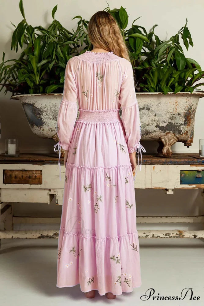 Rose Stitched Botanical Bohemian Extended Sleeve Dress bohodress-250126