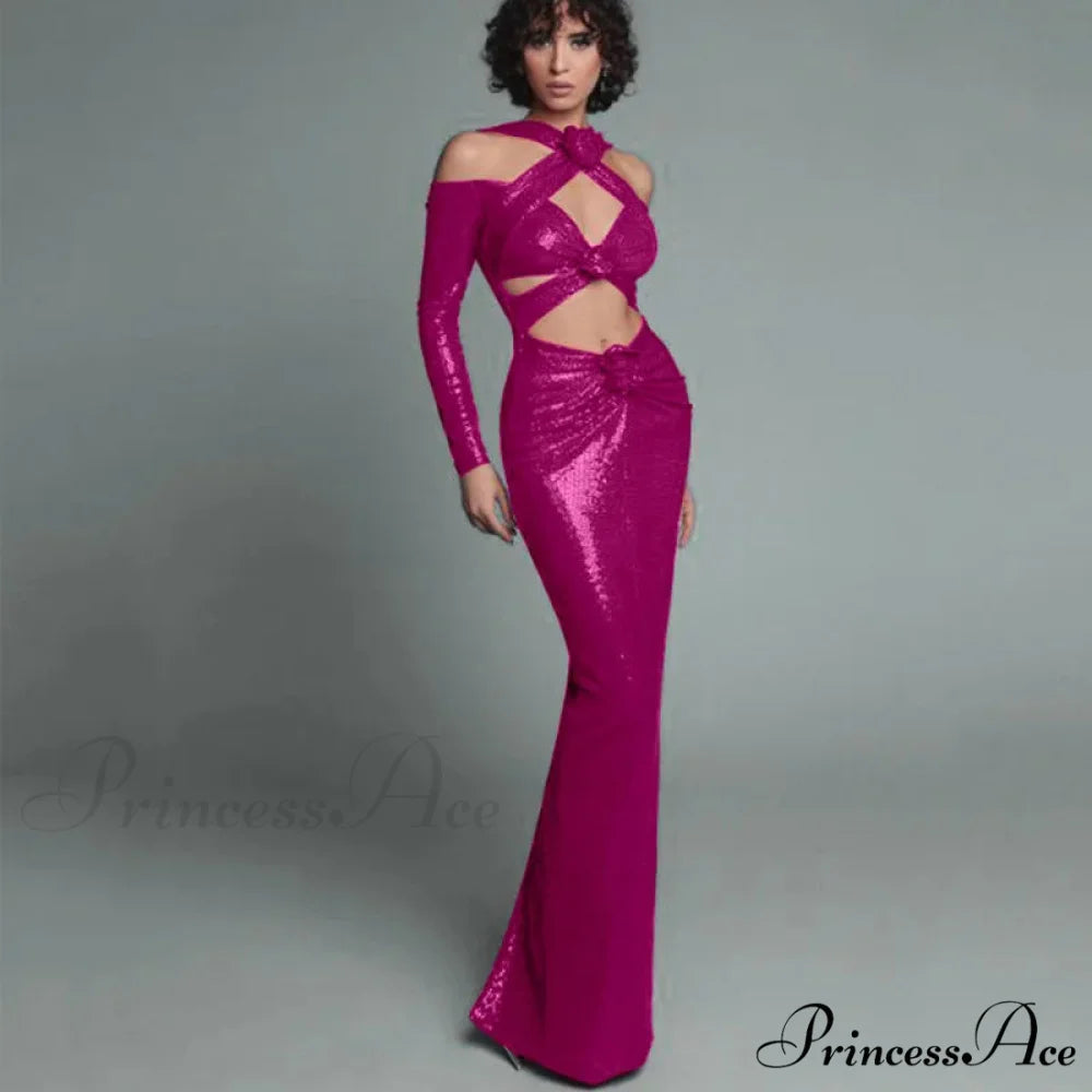 Rosered Long Sleeve Sequins Party Dress