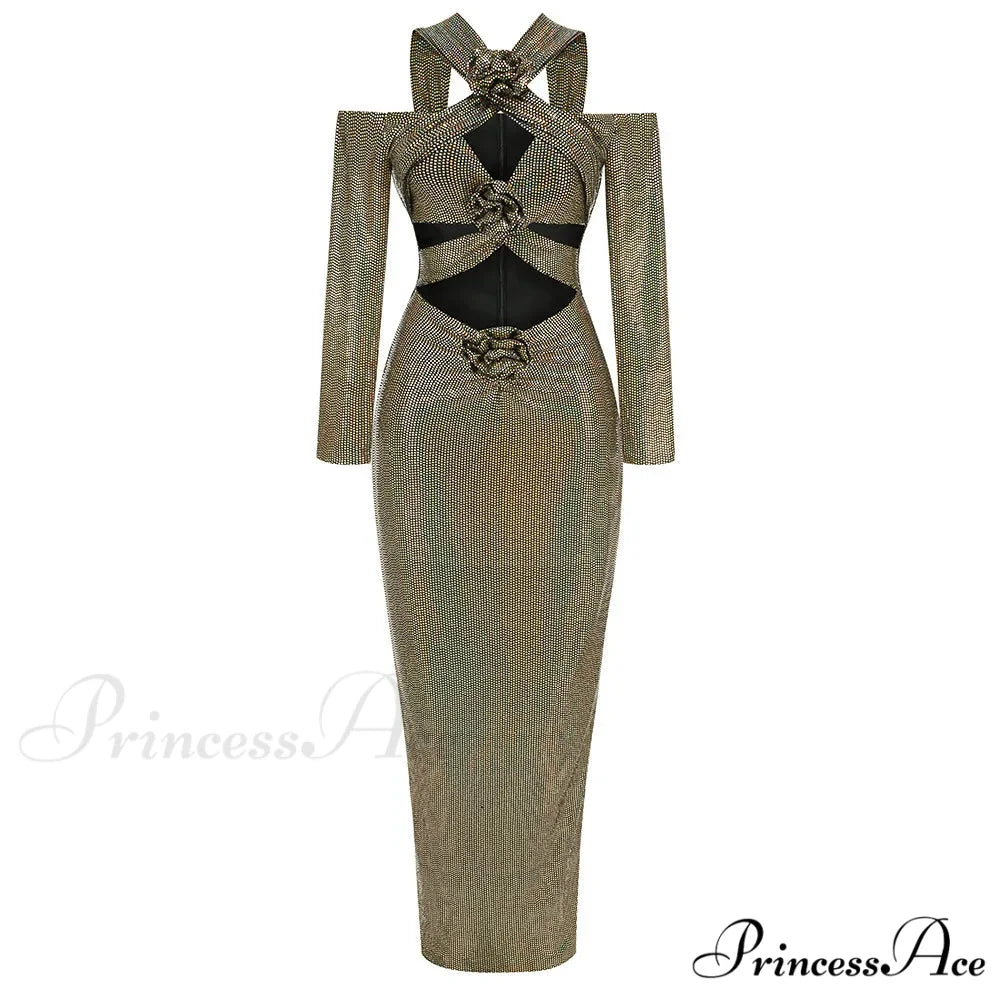 Rosered Long Sleeve Sequins Party Dress Champagne / XS