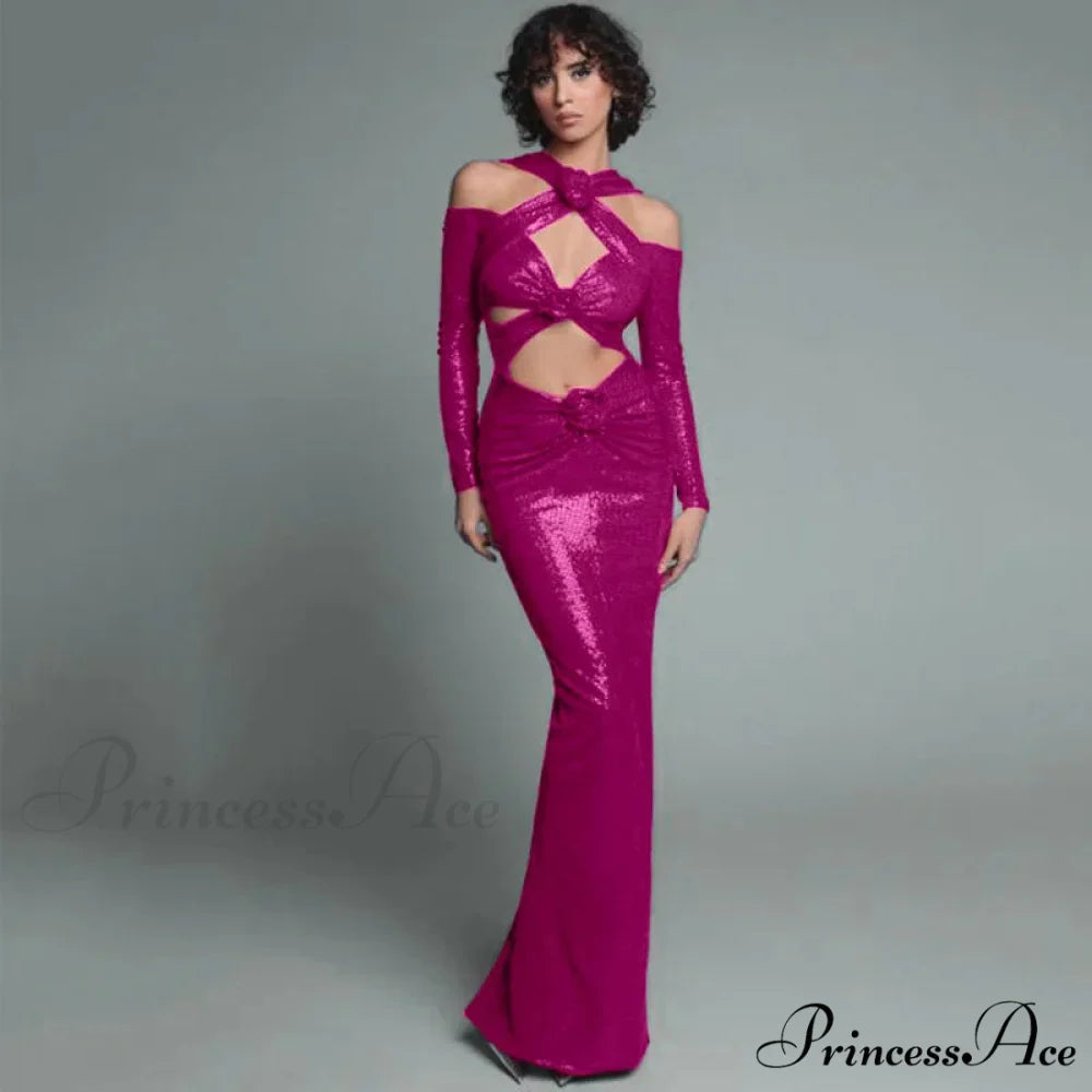 Rosered Long Sleeve Sequins Party Dress Fuchsia / XS