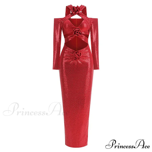 Rosered Long Sleeve Sequins Party Dress Red / XS