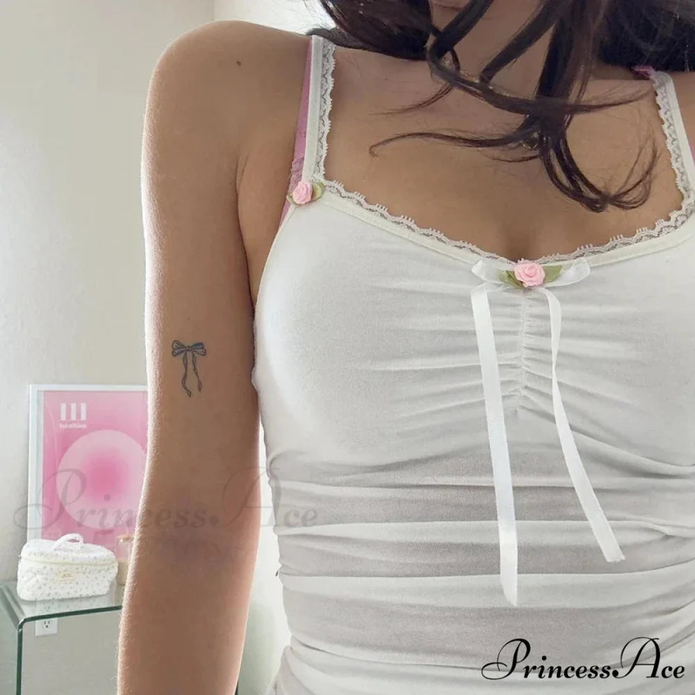 Rosettes Ribbon Lace Camisole Trim Fit Crop Top croptop-250126