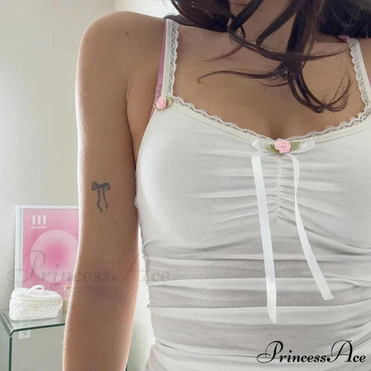 Rosettes Ribbon Lace Camisole Trim Fit Crop Top croptop-250126