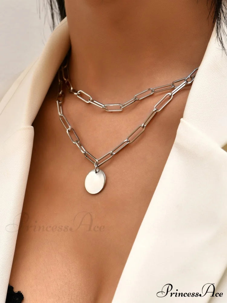 Round Charm Layered Necklace Silver / one-size