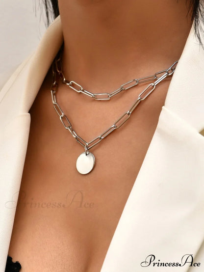 Round Charm Layered Necklace Silver / one-size