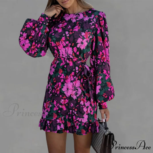 Round Long Patterned Arm Women’s Neck Waist Tie Dress