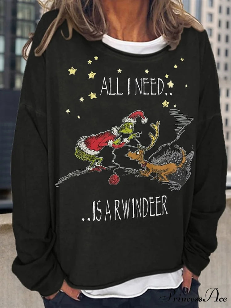 Round Long Sweatshirt Graphic Loose Yellow Pullover Christmas Women’s Neck Black Red Streetwear Fit Sleeve Coffee