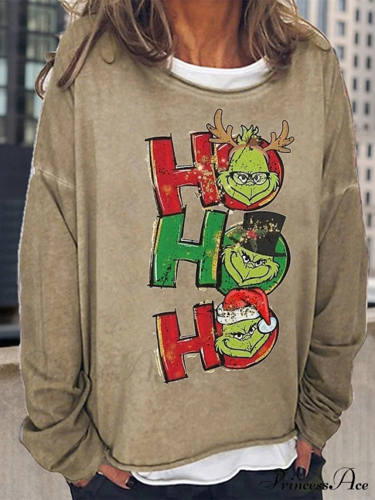 Round Long Sweatshirt Graphic Loose Yellow Pullover Christmas Women’s Neck Black Red Streetwear Fit Sleeve Khaki / With
