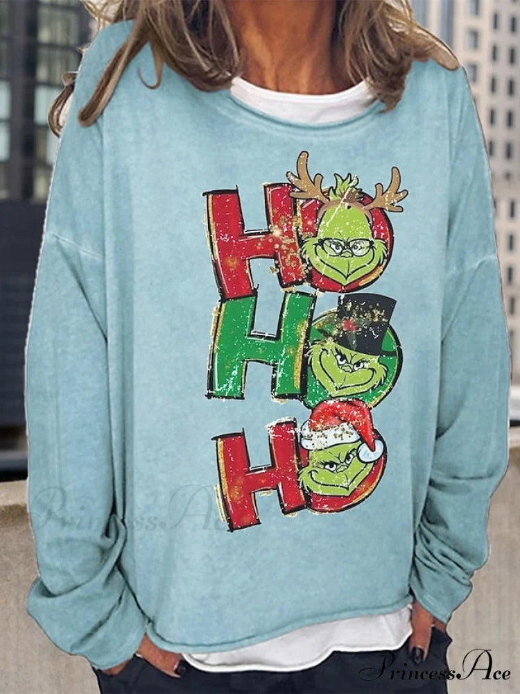 Round Long Sweatshirt Graphic Loose Yellow Pullover Christmas Women’s Neck Black Red Streetwear Fit Sleeve Light Blue