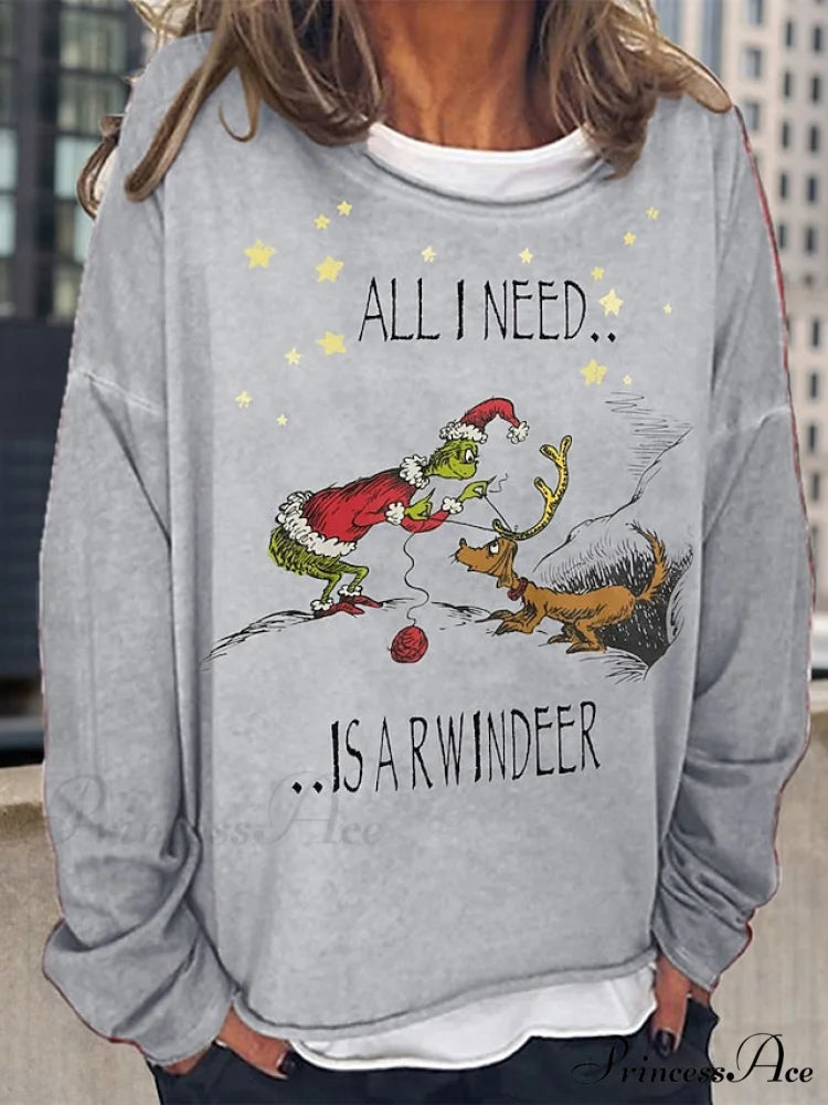 Round Long Sweatshirt Graphic Loose Yellow Pullover Christmas Women’s Neck Black Red Streetwear Fit Sleeve Light Grey