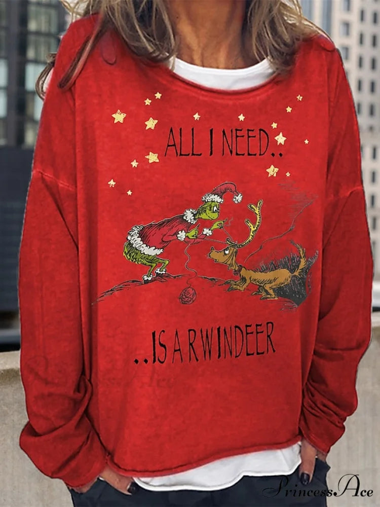 Round Long Sweatshirt Graphic Loose Yellow Pullover Christmas Women’s Neck Black Red Streetwear Fit Sleeve Red / With