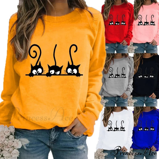 Round Neck Black Cats Printed Loose T-shirt