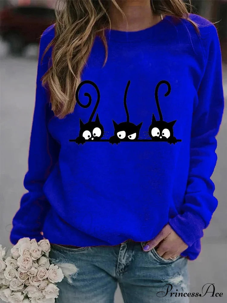 Round Neck Black Cats Printed Loose T-shirt Blue / S