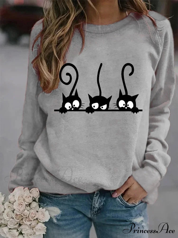 Round Neck Black Cats Printed Loose T-shirt Gray / S