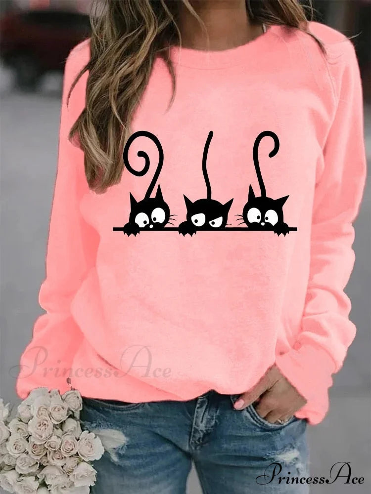Round Neck Black Cats Printed Loose T-shirt Pink / S