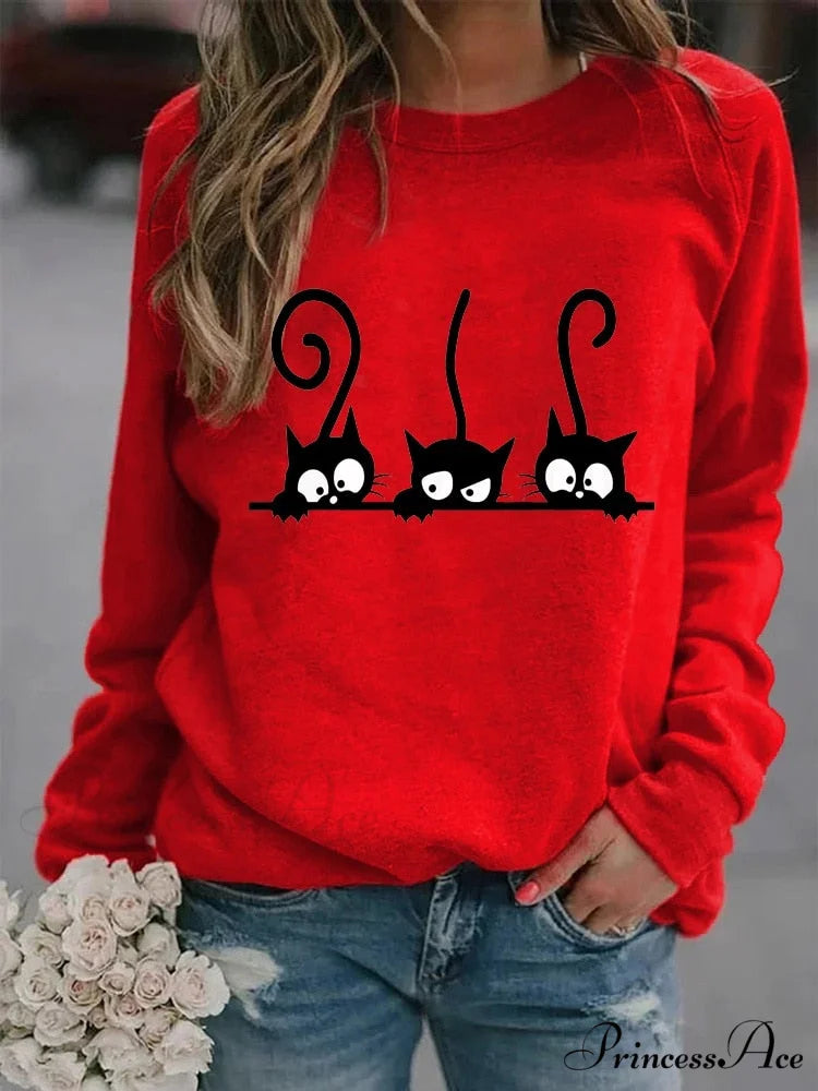 Round Neck Black Cats Printed Loose T-shirt Red / S
