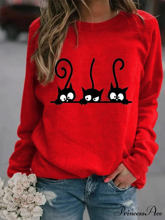Round Neck Black Cats Printed Loose T-shirt Red / S