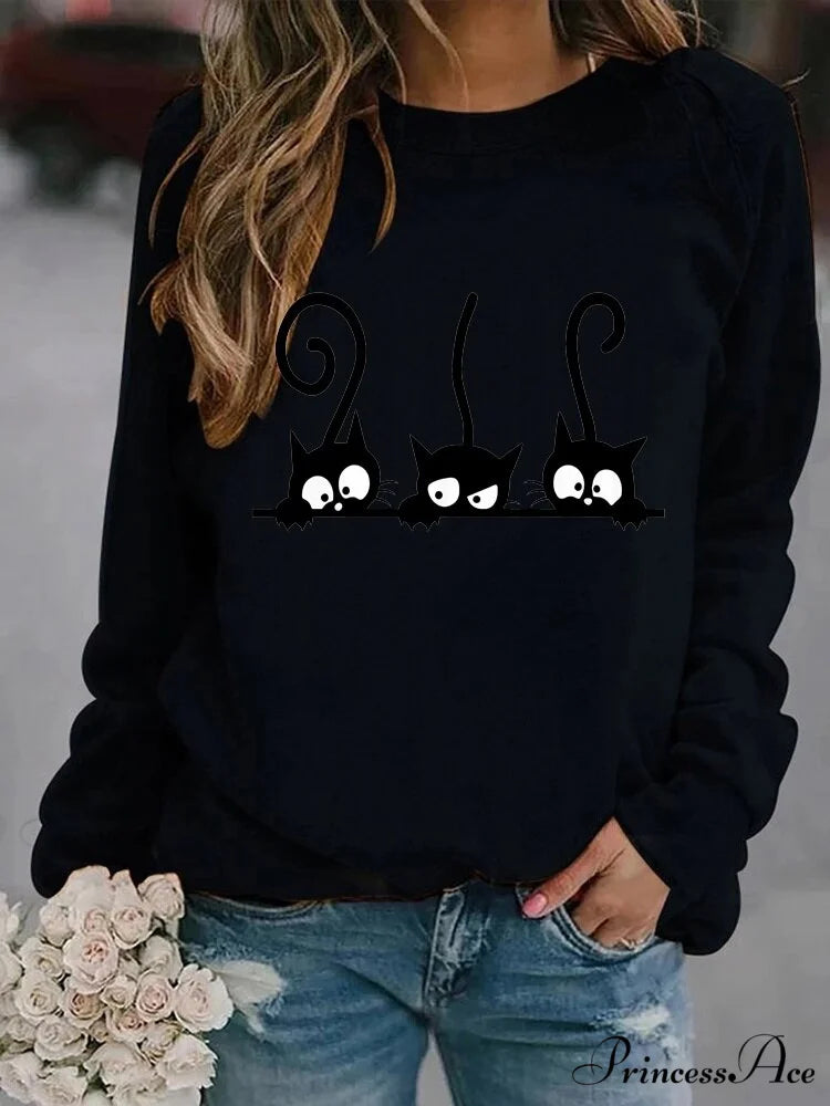 Round Neck Black Cats Printed Loose T-shirt Black / S
