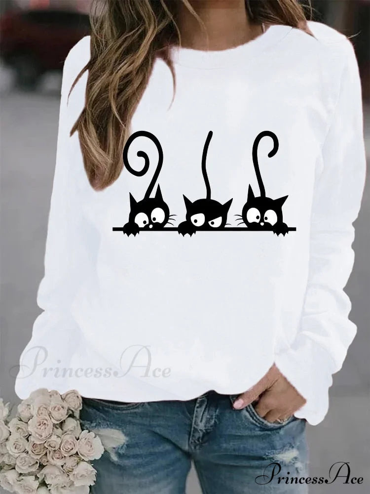 Round Neck Black Cats Printed Loose T-shirt White / S