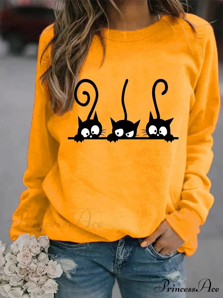 Round Neck Black Cats Printed Loose T-shirt Yellow / S