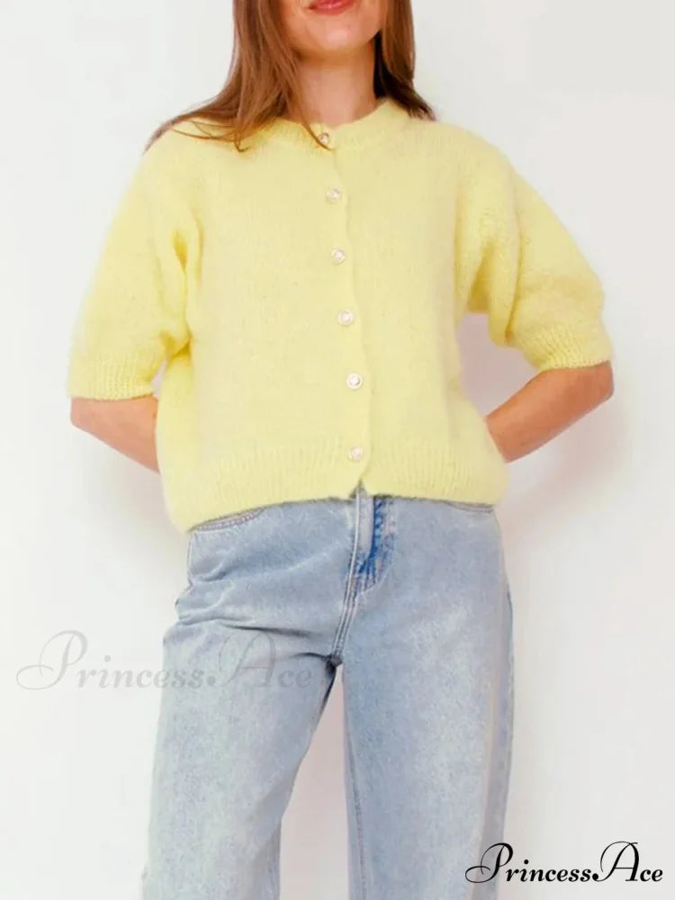 Round Neck Button-Up Slim Urban Knit Cardigan Yellow / S cardiagn-250126