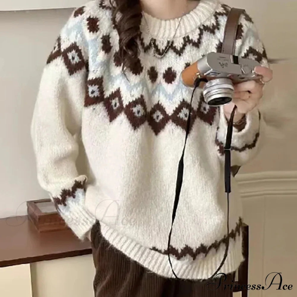 Round Neck Casual Cozy Comfortable Loose Long Sleeve Stylish Autumnal Sweater BROWN / S