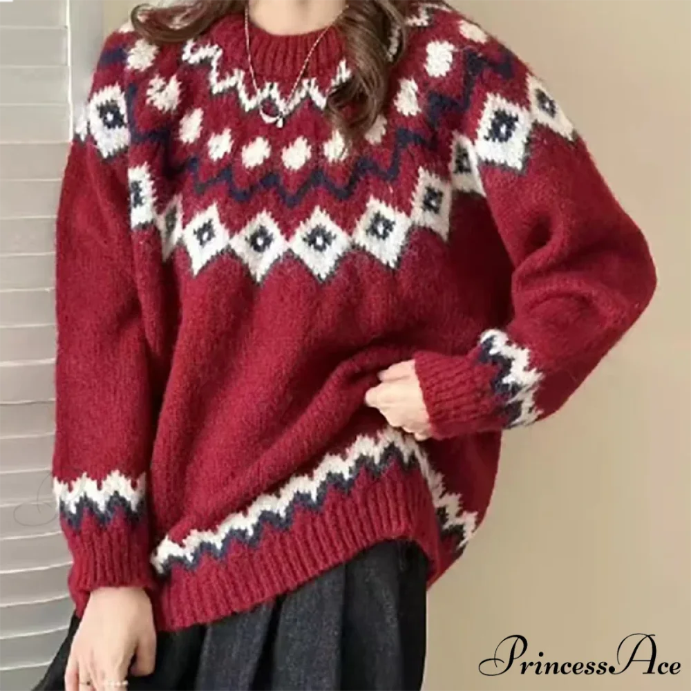 Round Neck Casual Cozy Comfortable Loose Long Sleeve Stylish Autumnal Sweater RED / S