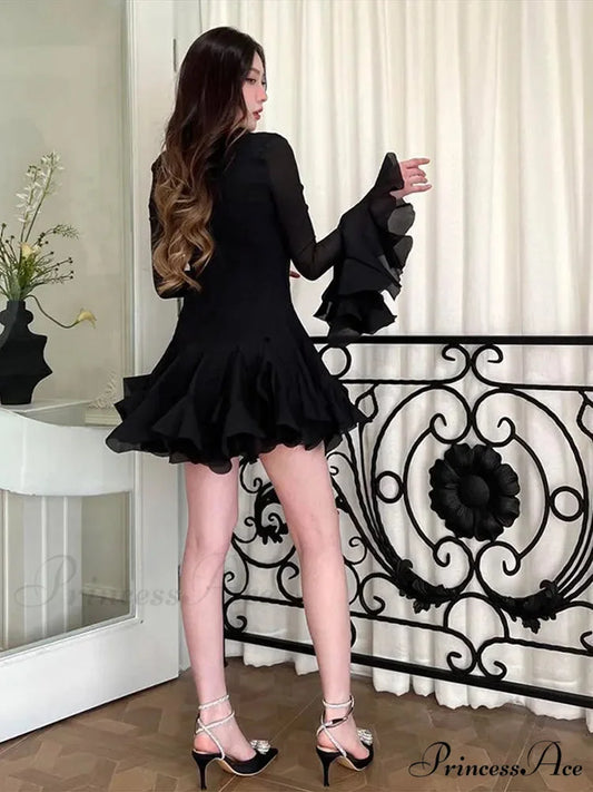Round Neck Flare Sleeve Short Dress Black / S minidress-250223
