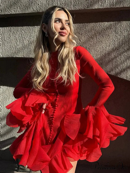 Round Neck Flare Sleeve Short Dress minidress-250223