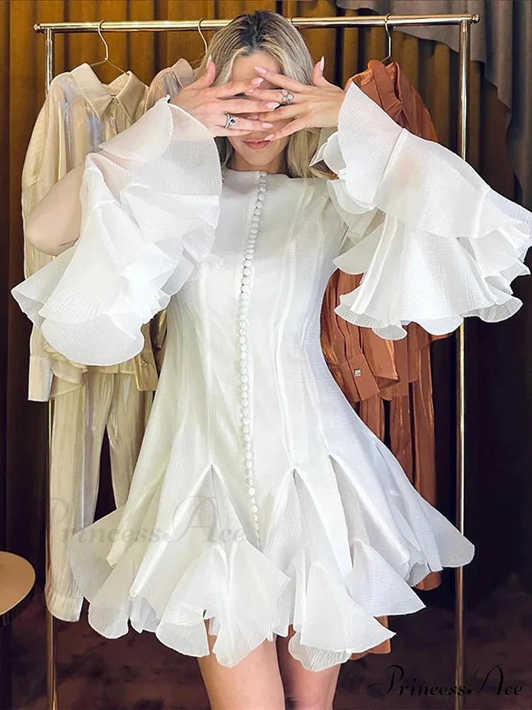 Round Neck Flare Sleeve Short Dress White / S minidress-250223