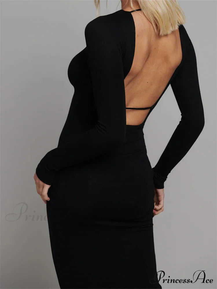Round Neck Hollow Out Party Clubwear for Women Backless Sleeve Solid Color Slim Fit Vestidos