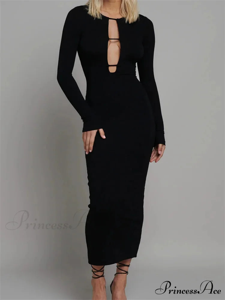 Round Neck Hollow Out Party Clubwear for Women Backless Sleeve Solid Color Slim Fit Vestidos BLACK / S