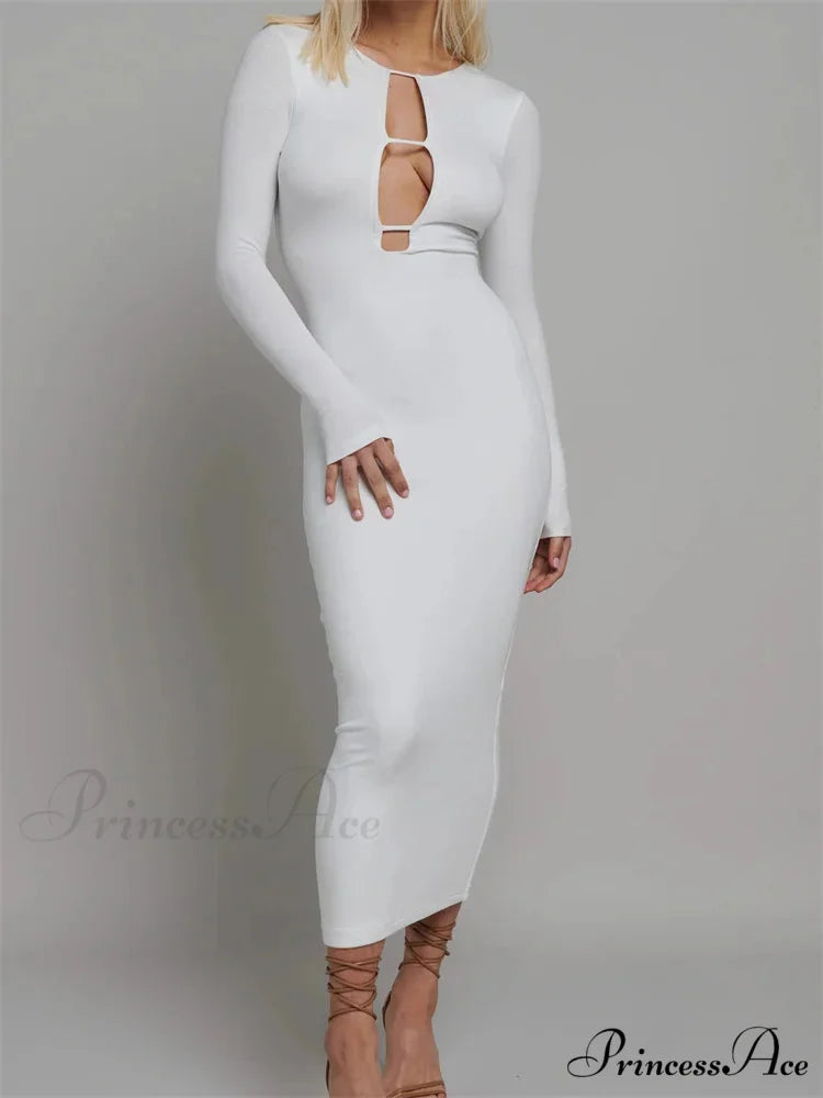 Round Neck Hollow Out Party Clubwear for Women Backless Sleeve Solid Color Slim Fit Vestidos WHITE / S