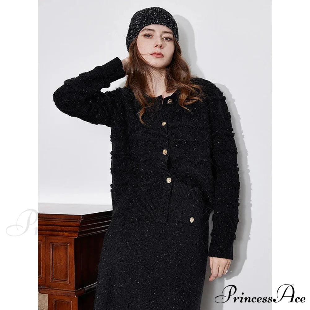 Round Neck Jacquard Embroidered Cardigan Black / S