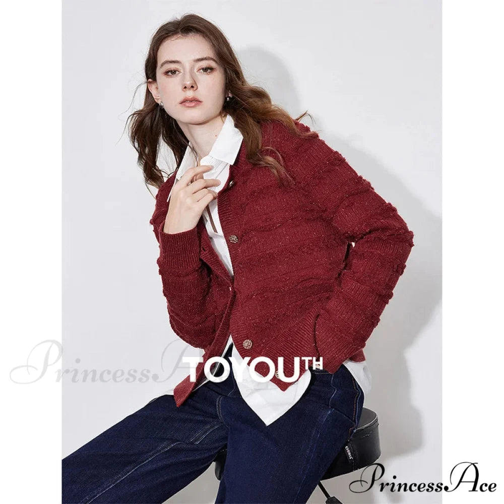 Round Neck Jacquard Embroidered Cardigan True Red / S