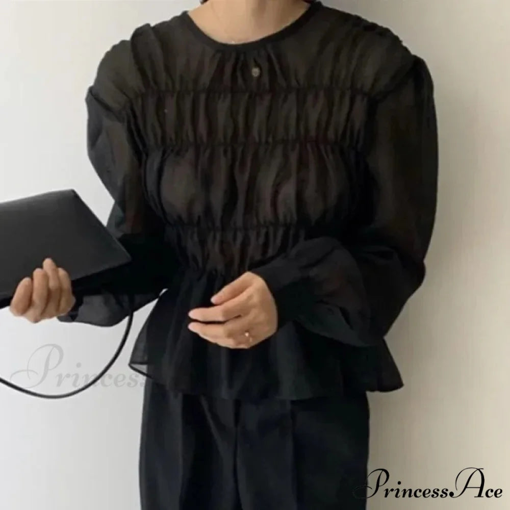 Round Neck Puff Extended Sleeve Pleated Top Black / S blouse-250223