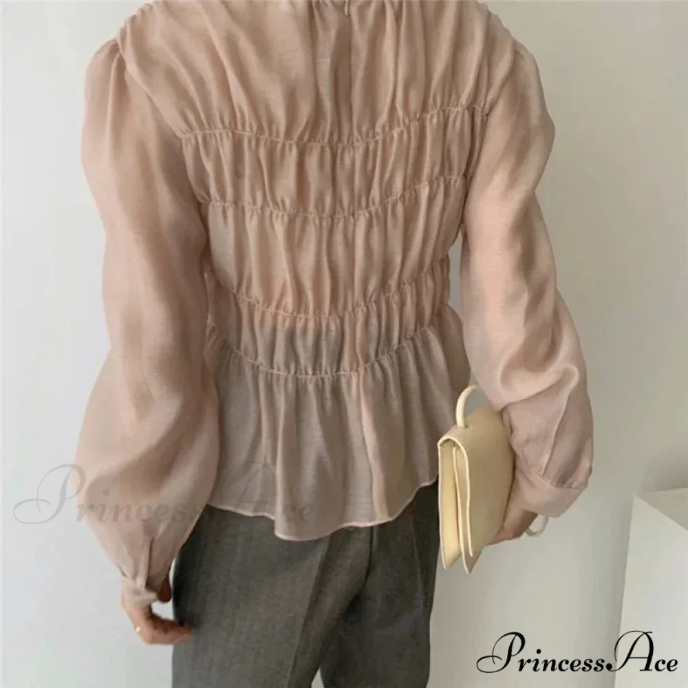 Round Neck Puff Extended Sleeve Pleated Top blouse-250223