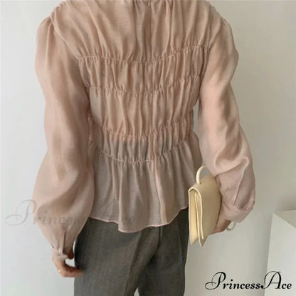 Round Neck Puff Extended Sleeve Pleated Top blouse-250223