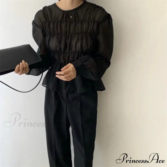 Round Neck Puff Extended Sleeve Pleated Top blouse-250223