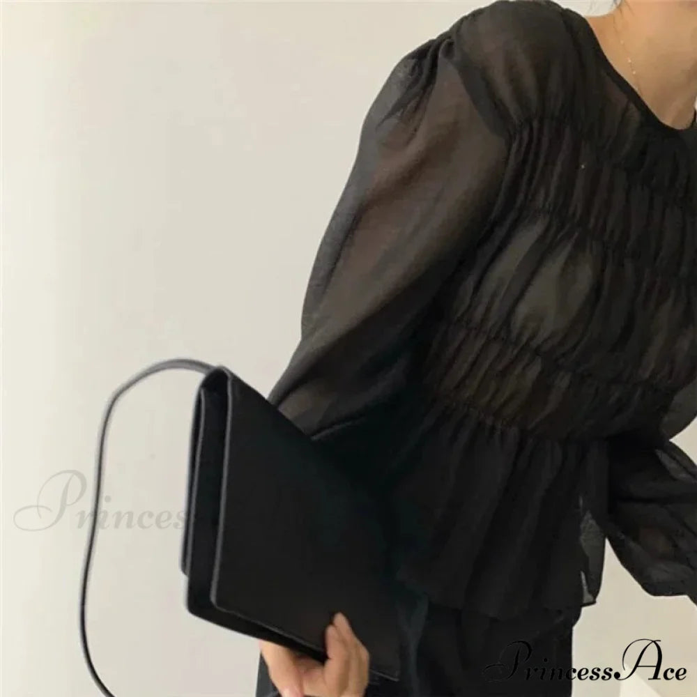 Round Neck Puff Extended Sleeve Pleated Top blouse-250223