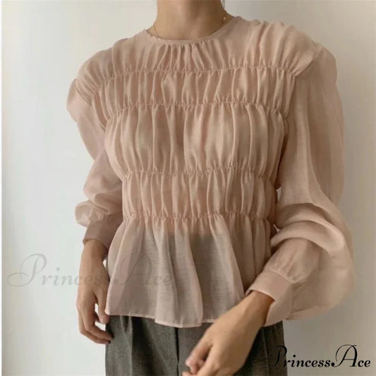 Round Neck Puff Extended Sleeve Pleated Top Pink / S blouse-250223