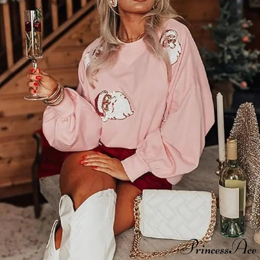 Round Neck Sequin Santa Pattern Loose Lantern Sleeves Christmas Hoodie Christmas Hoodies-L