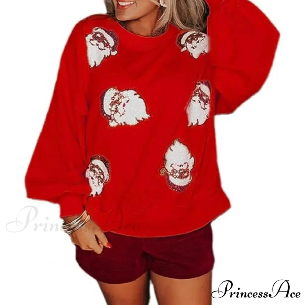 Round Neck Sequin Santa Pattern Loose Lantern Sleeves Christmas Hoodie Red / S Christmas Hoodies-L