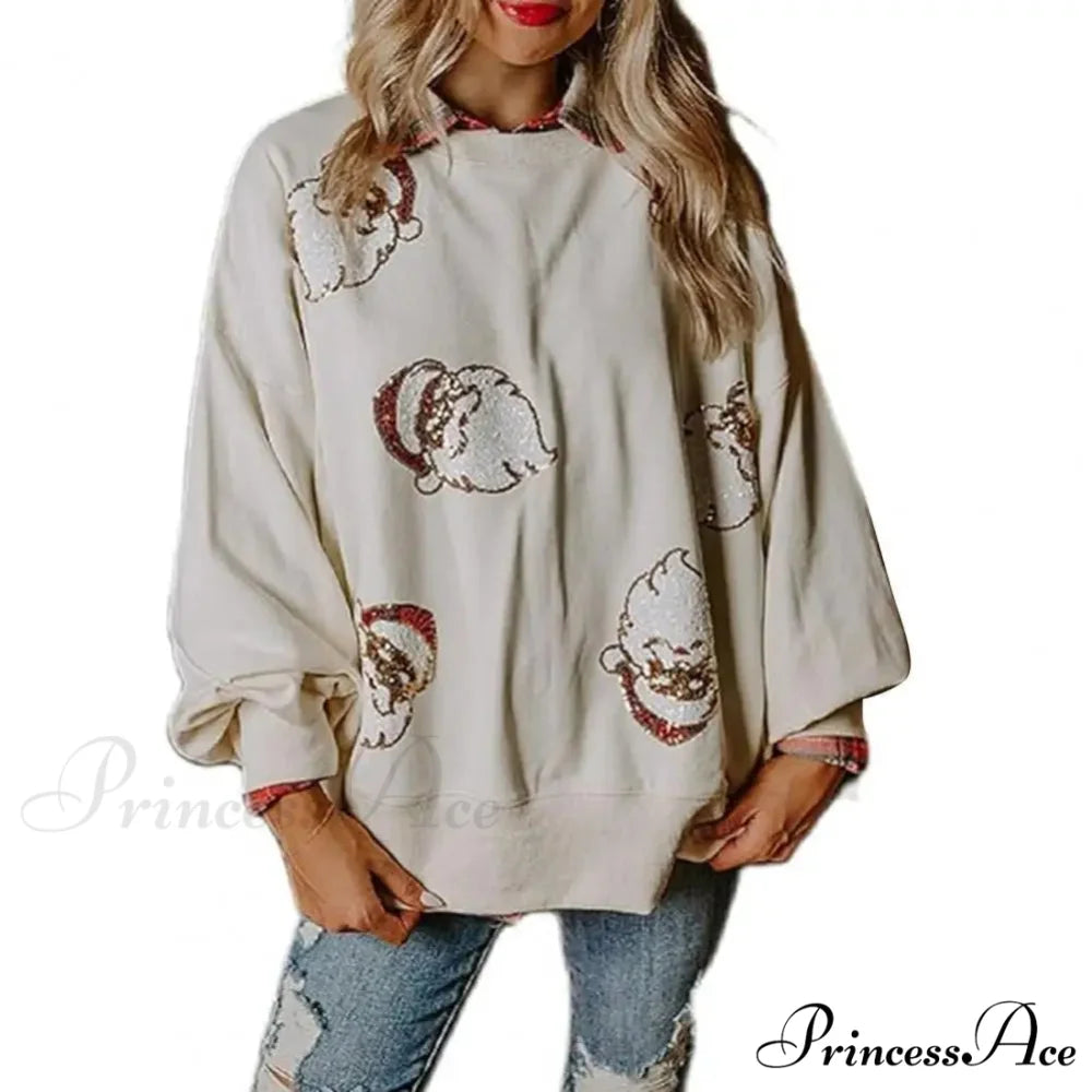 Round Neck Sequin Santa Pattern Loose Lantern Sleeves Christmas Hoodie White / S Christmas Hoodies-L