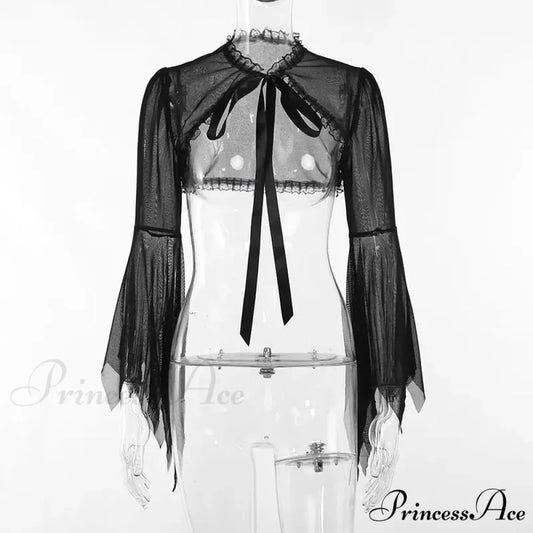 Round Neck Serrated Edge Thin Gothic Lolita Pleated Edge Cardigan Black / S